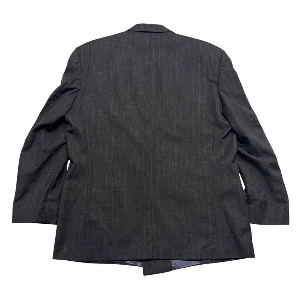 vtg 90s Charcoal Stripe 46R 40x30 Double Breasted 2pc Pant Suit Wool USA Pleated